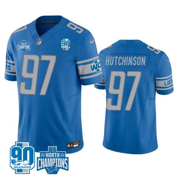 Men & Women & Youth Detroit Lions #97 Aidan Hutchinson Blue 2023 90th Anniversary North Division Champions Patch Limited Stitched Jersey